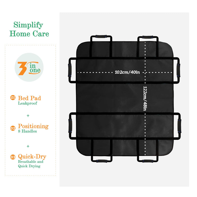 [Australia - AusPower] - Positioning Bed Pads for Elderly 48 * 40 inch Washable Transfer Sheet Seniors 8 Soft Handles Patient Pull Sheets Aid Moving,Lifting,Turning,Nursing Bedridden Reusable Transfer Blanket,Black Black 