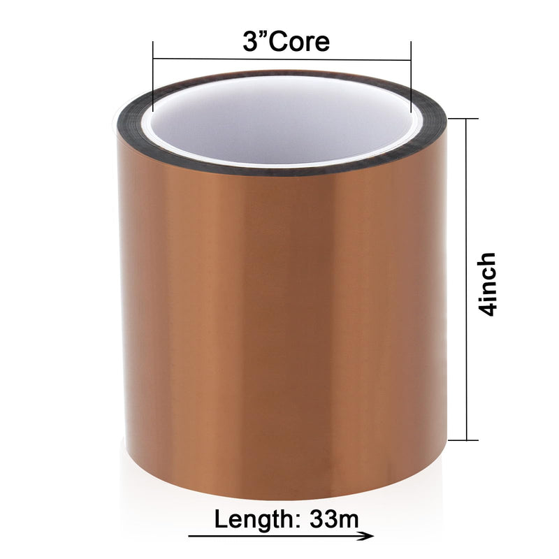 [Australia - AusPower] - BOMEI PACK Heat Resistant Tape,4 Inch x 108 ft (33m),Wide Roll Heat Tape,High Temperature Tape,Heat Vinyl Press Tape for Heat Transfer,Polyimide Tape for Protecting CPU, PCB Circuit Board 100mm x 33m 