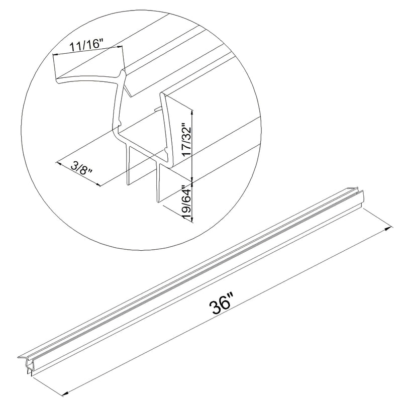 Frameless Shower Door Bottom Seal for 3/8" (10mm) Thick Glass, 36" Long, Clear Vinyl, No Adhesive Required, Stops Leaks Clean 36" Length for 3/8"