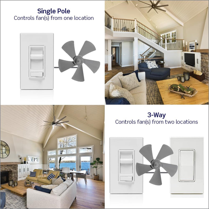 Leviton SureSlide Ceiling Fan Wall Switch, Quiet 3-Speed Fan Control, 1.5 Amps, 661F-10W, White