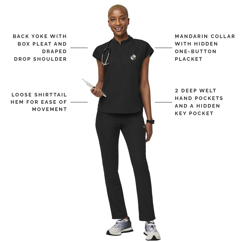 [Australia - AusPower] - FIGS Rafaela Oversized Scrub Tops for Women — Mandarin Collar, Shirttail Hem, 3 Pockets, 4-Way Stretch Women’s Scrub Top Medium Black 
