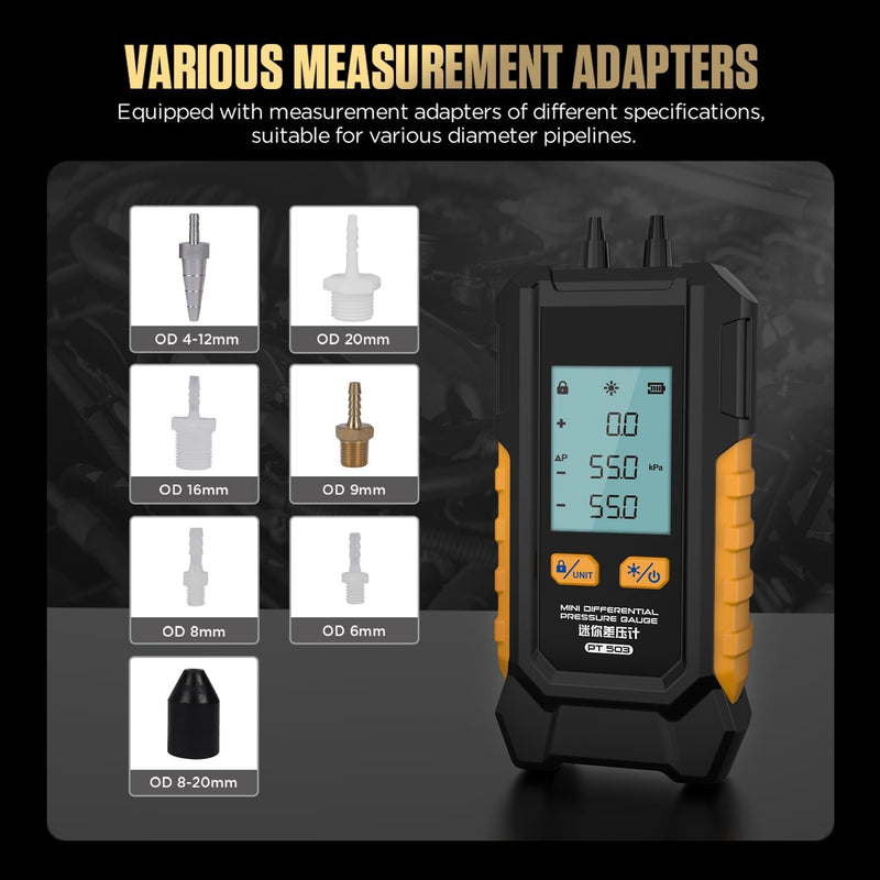 Manometer, Dual-Port Manometer HVAC Gas Pressure Tester with 7 Adapters, 6 Units Switch, Data Hold & Backlit Display Screen, -100 to 200 kPa, Portable Design, PT503