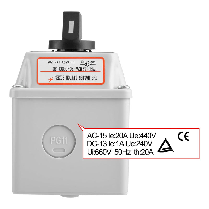 Heschen Universal Rotary Cam Selector Changer Switch, SZW26-20/D303.3D, 660V 20A, 3 Position, 3 Phase 12 Terminals, CE, with Master Switch Outer Box LW28-20/4 (Standard Box) Standard Box