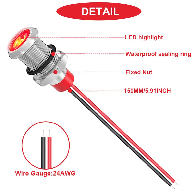 Pack of 5 Waterproof 8 mm LED Indicator Light Metal with 12-24 V DC in Red/Yellow/Blue/Green/White and 150 mm Cable Length Metal LED Indicator Light and Cable Cap for Trucks Boats