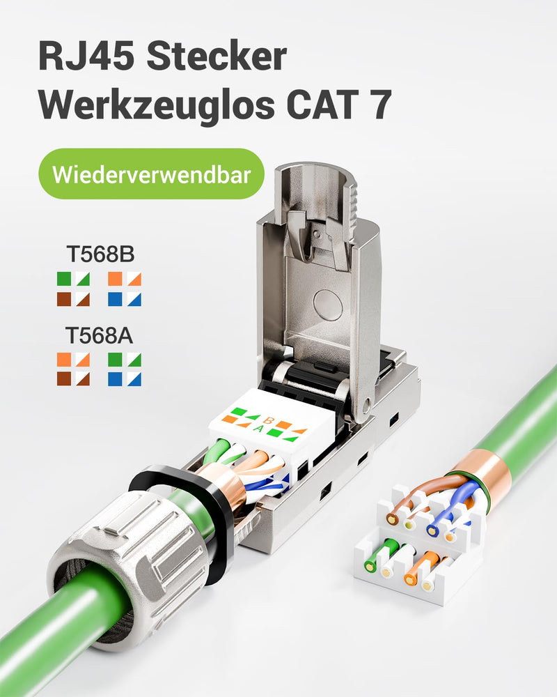 [Australia - AusPower] - LEENUE LAN Connector Cat 7 Toolless, 10 Gbit/s 600 MHz, Gold-Plated RJ45 Connector Tool-free POE for Cat7 Cat6A Installation Cable, Shielded Network Connector Cat7 Tool-free, Reusable, Pack of 2 2 pcs. 