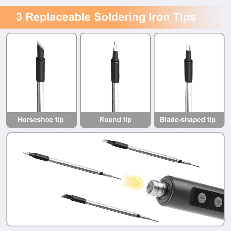 Flintronic Battery Soldering Iron Set, USB Wireless Soldering Iron Set with LCD, Adjustable Temperatures 180 ℃-450 °C, Rechargeable with 3 Soldering Tips/Soldering Wire/Soldering Paste for Repair of Welding #2 A-grey
