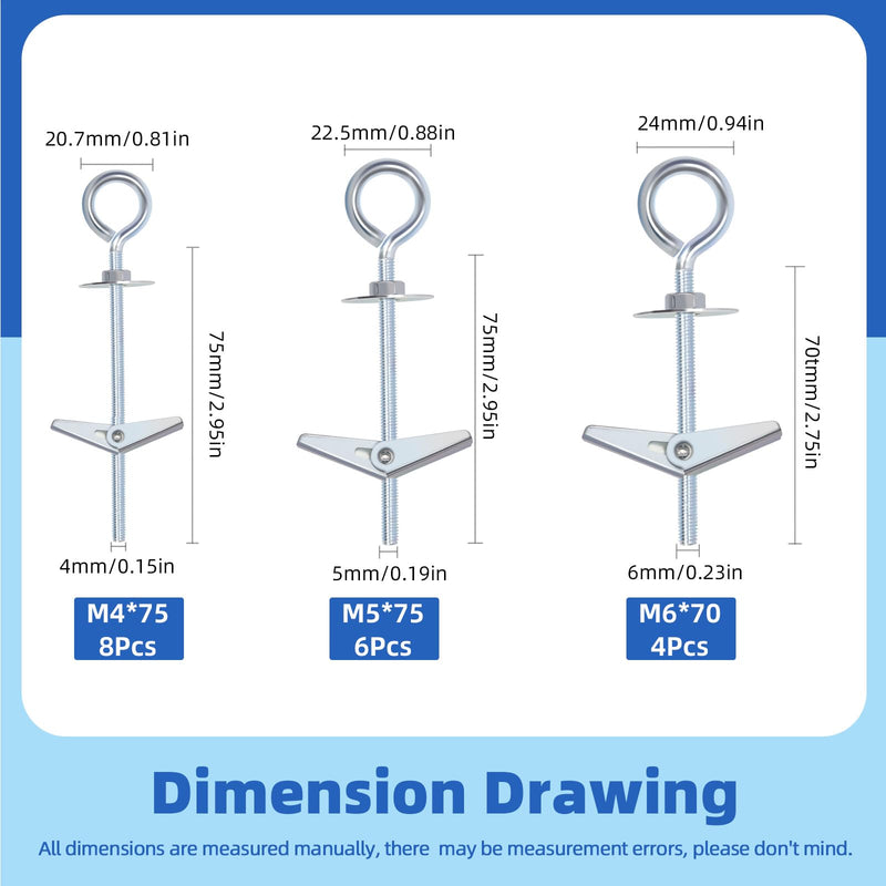 [Australia - AusPower] - Glarks 18pcs M4 M5 M6 O-Shaped Eye Bolt Toggle Anchors Set for Drywall, Toggle Bolts, Butterfly Anchors, Spring Toggle Wing Bolts for Ceiling, Sheetrock, Hollow Wall 