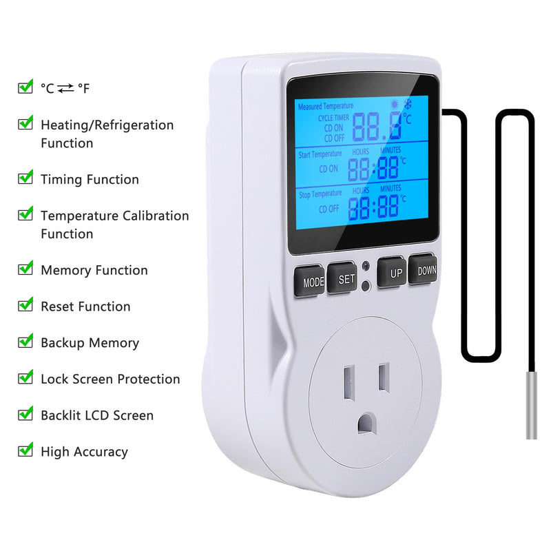 [Australia - AusPower] - UMLIFE 1Pack Digital Temperature Controller Thermostat Timer - Reptile Thermostat Controller Day Night Timer 110V 15A Temperature Controlled Outlet Plug Heating Cooling Control with Sensor 