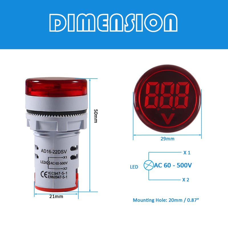 [Australia - AusPower] - 3pcs LED Voltage Meter Indicator AC 60-500V LED Voltmeter Signal Light Digital Display DC Voltage Meter Indicator Round Lamp Tester 3pcs 