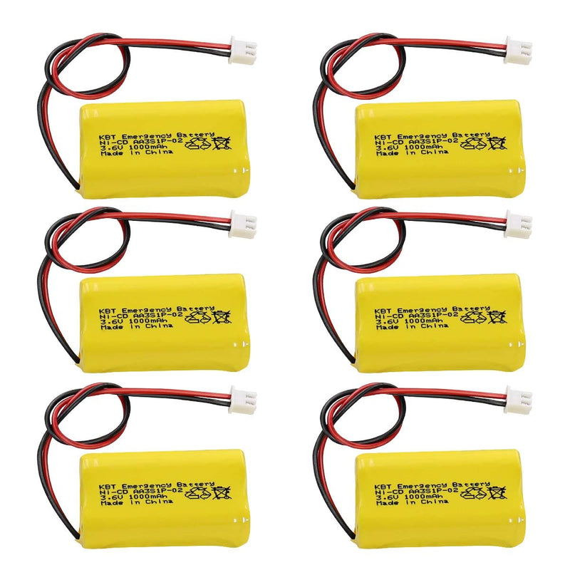 KBT 3.6V 1000mAh AA Size Battery,Ni-CD Battery with 2Pin JST PH 2.54 Connector,Replacement for Lithonia Unitech 0253799 ANIC1566 ELBB001 AA900MAH Emergency/Exit Light/Fire Exit Sign(6-Pack) 3.6V-PH2.54-02-6Pcs