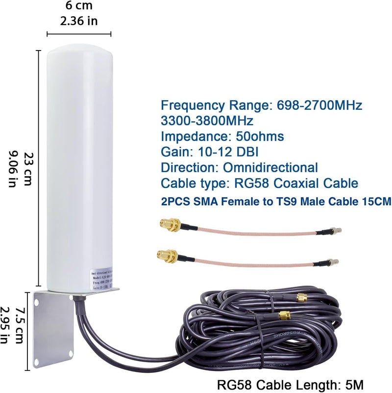 10dBi 4G 5G LTE Outdoor Antenna 698-2700 & 3300-3800MHz Omni Antenna with 2X SMA Male RG58 Cable 5m & 2X TS9 RG316 Pigtail Cable for LTE Router, 5G Router, Modem and Hotspot