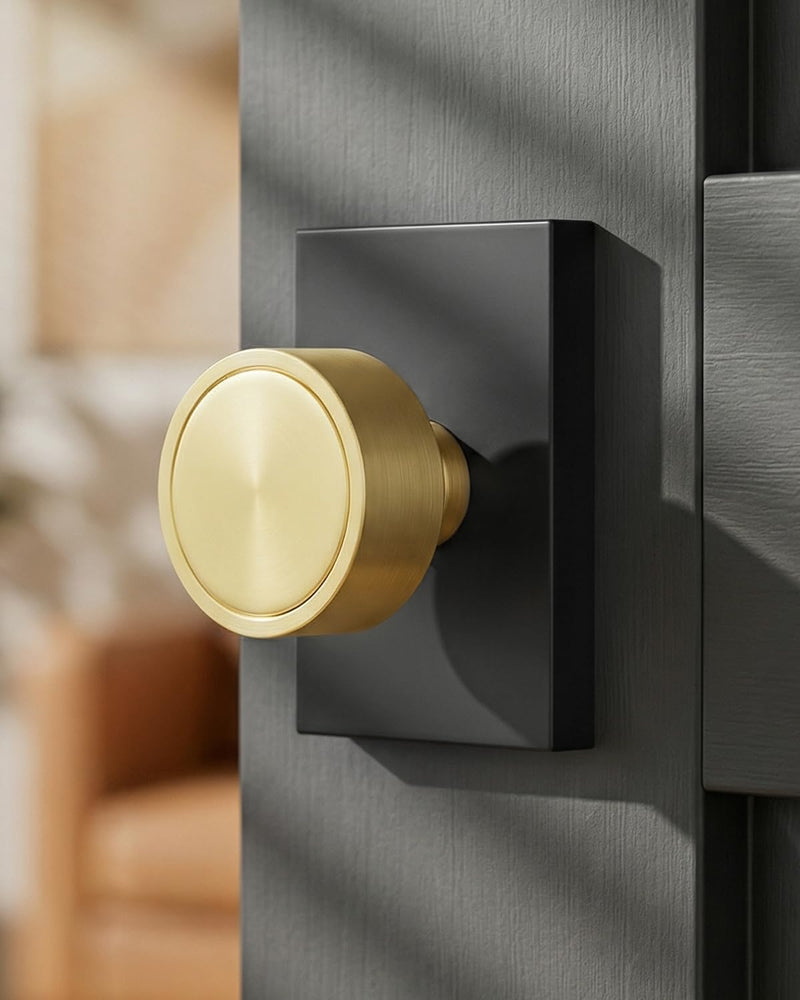 Goldenwarm Black Gold Closet Door Knob Interior, Zinc Alloy Matte Black Gold Passage Interior Door Knob, Rectangular Heavy Duty Modern Indoor DoorKnob for Closet, Hallway, 1 Pack Black Gold with Ring