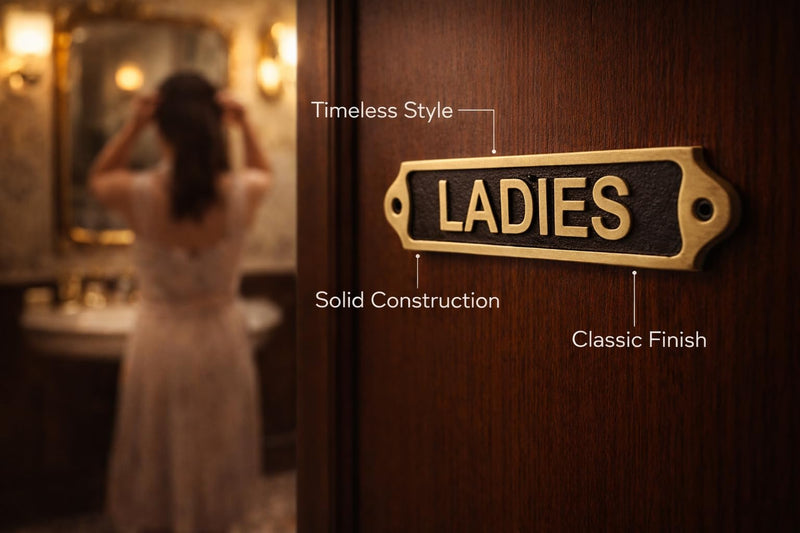 LADIES Brass with Black Door Plaque Sign | Metal Toilet Washroom Door Sign with Engraved Lettering | Wall & Door Name Plate with Mounting Screws for Home Office Shop | 22 x 5 cm | LADIES