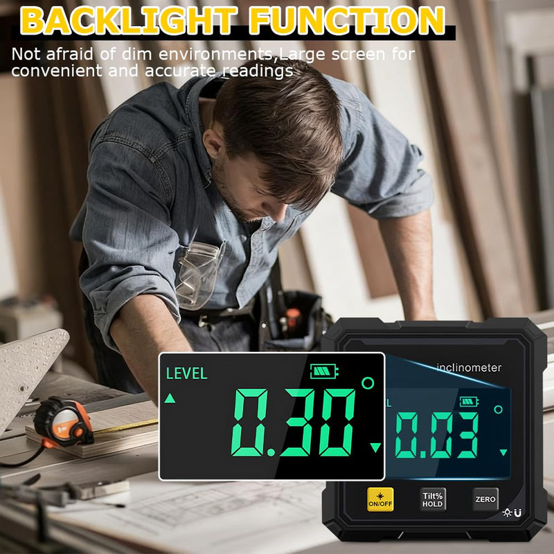 Digital Protractor Magnetic 4-Sided Magnetic Digital Protractor with Laser IP54 Waterproof Digital Spirit Level with LCD Display for Woodworking, Construction, Decoration (Red Light) Red Light