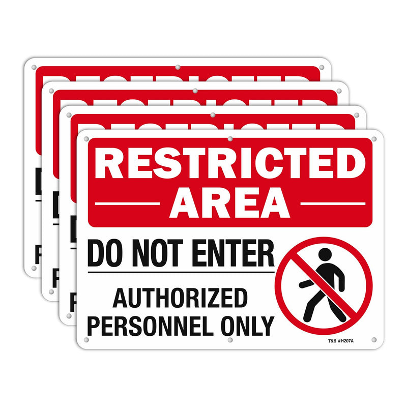T&R Large Restricted Area Do Not Enter Authorized Personnel Only Sign - 4 Pack - 14 x 10 Inches Rust Free .040 Aluminum - UV Protected, Waterproof, Weatherproof and Fade Resistant - 6 Pre-drilled Holes Red - 14" x 10" - 4 Pack