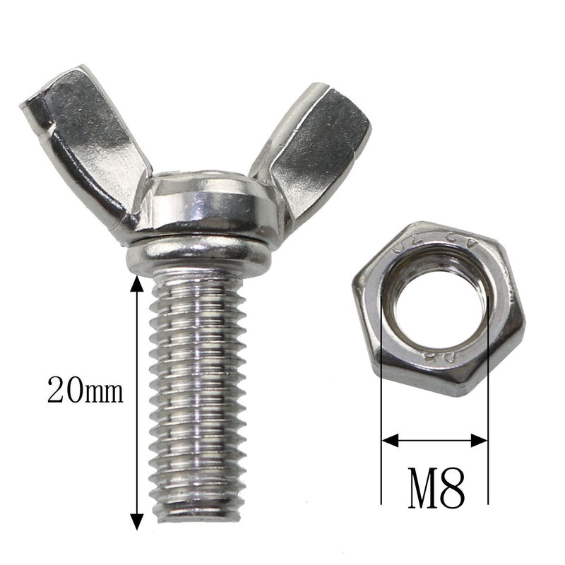[Australia - AusPower] - MEETOOT 6pcs M8 1.25x20mm Stainless Steel Butterfly Screws with 6pcs Nuts Hand Tighten Toolless Adjust Bolt Butterfly Wing Head Thumb Screws 