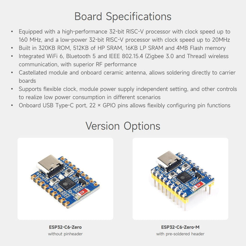 Waveshare ESP32-C6-Zero (2 PCS), ESP32-C6 Mini Development Board, Based on ESP32-C6FH8, Dual Processors, 160MHz Running Frequency, 2.4GHz WiFi 6 & BT5, ESP32 Development Board, Without Pin Header