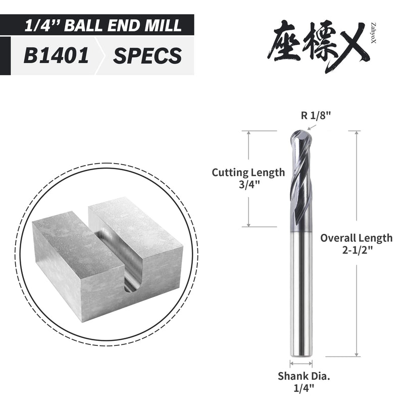 [Australia - AusPower] - 2 Flutes TiAlN Coated Ball Nose End Mill, Solid Carbide Upcut Spiral CNC Router Bit, 1/4" Diameter, 1/8" Radius, 1/4" Shank, 3/4" Cutting Length, 2-1/2" Overall Length, CNC Cutter Milling Tool B1401 - R1/8 - 3/4 CL - 2-1/2 OL 2 Flutes 