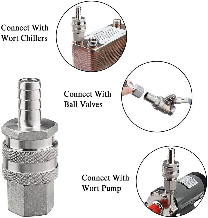 [Australia - AusPower] - FERRODAY Stainless Steel Quick Disconnect Set 1/2 NPT Female Disconnect 1/2" Barb Brewing Quick Disconnect For Wort Pumps for Wort Chiller Connectors for Ball Valve Hose Fitting & O-rings-2 Pair 2 pair in 1 package 