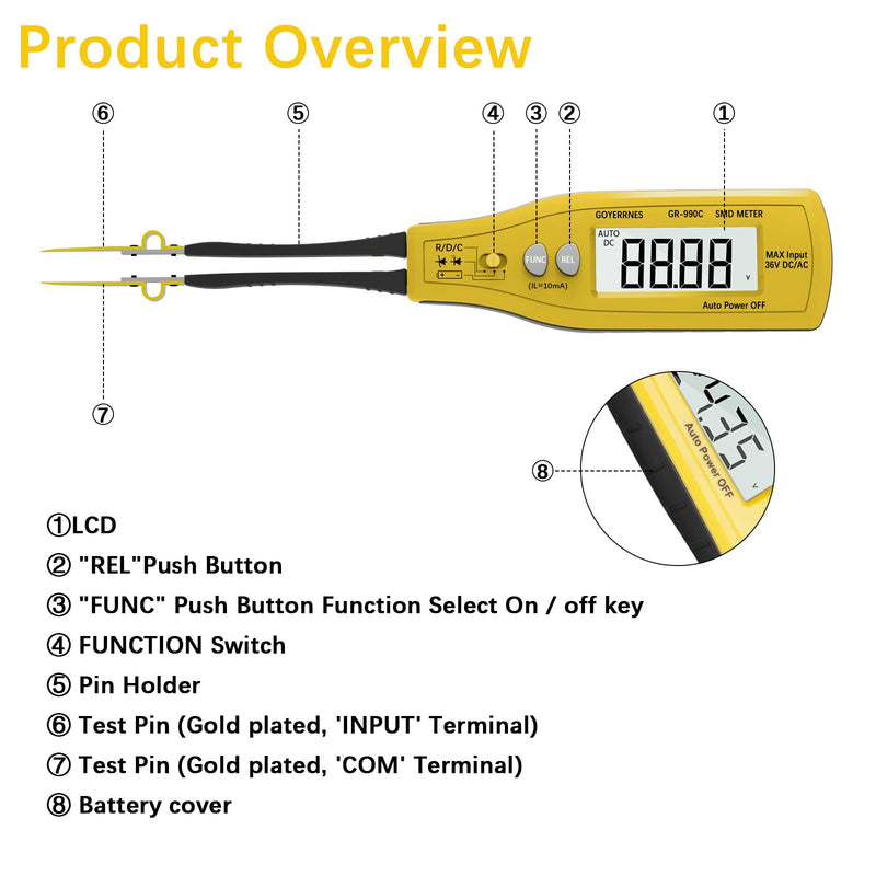 [Australia - AusPower] - Digital SMD Tester 6000 Counts, Auto Ranging Intelligent Resistance Capacitance Diode Zener LED Battery Power Multi Meter Tweezer 
