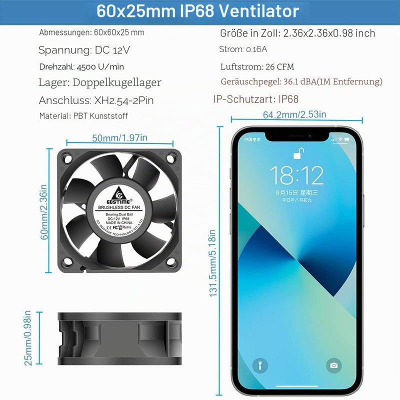 GDSTIME Pack of 2 12V Waterproof Fan 60mm IP68 Dual Ball Bearings | 60 mm fan waterproof 12 V fan 60 mm IP68 4500 rpm 6 cm case fan for PC computer 2 pieces 60x25mm fan IP68