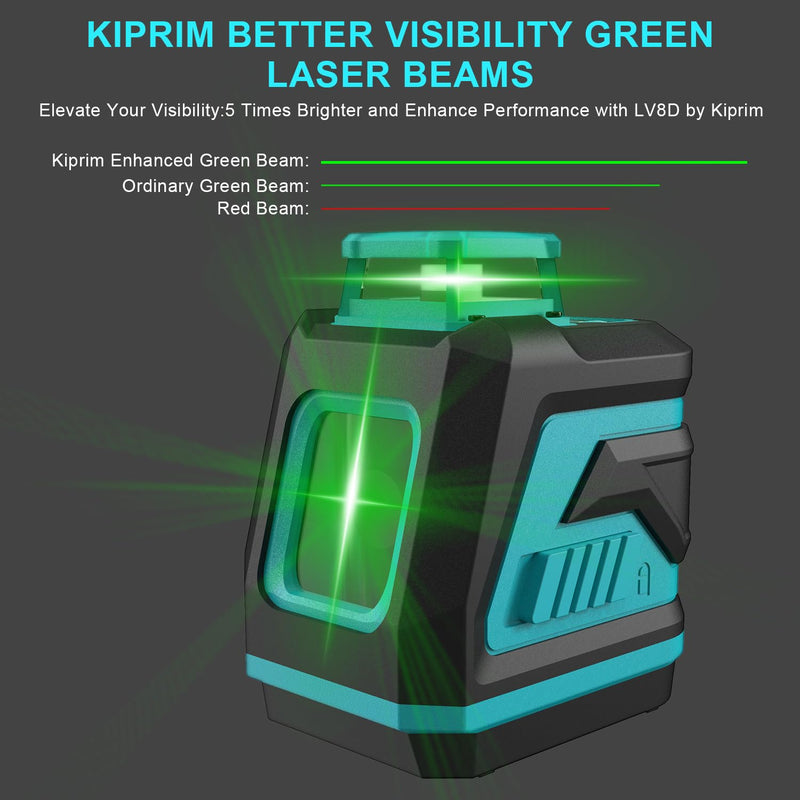 [Australia - AusPower] - Kiprim Green Laser Level LV8D with Enhanced Visibility,5 Laser Lines,Adjustable Brightness,Manual/Self Leveling/Pulse Mode,Batteries and Carrying Pouch Included 5 Laser Beams 