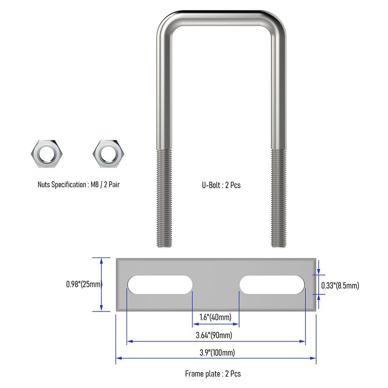 [Australia - AusPower] - 2 Sets 304 Stainless Steel Square U-Bolts 2.75"(70mm) Inner Width, 4.33"(110mm) Length Stainless with M8 Nuts, Frame Plate, Accessories for Automobiles Trailer, Boat Trailer Industrial Parts 70X110（W*L） 