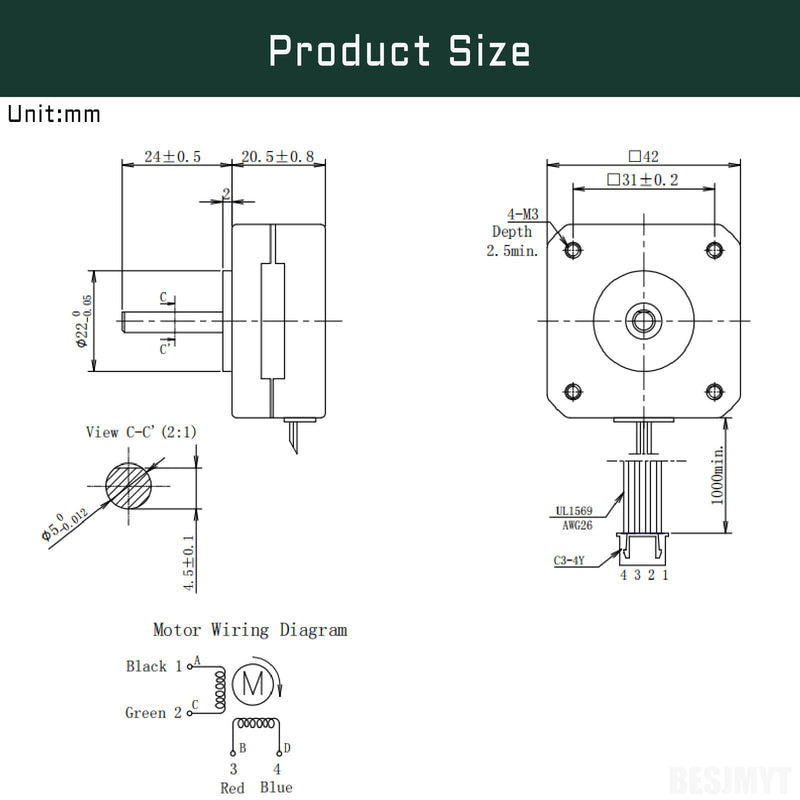 Nema 17 Stepper Motor 5PCS High Torque (145mNm/20.53oz.in) Bipolar 20.5MM Body Length 1A/3.5V 1.8 Deg 2 Phase for 3D Printer with 1m Cable and Connector