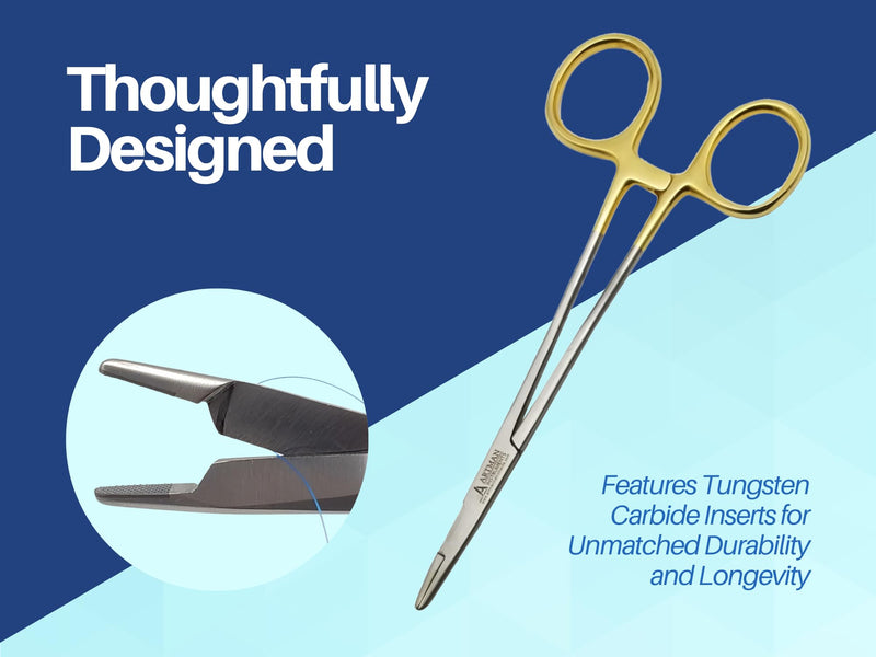 [Australia - AusPower] - Bundle of Olsen Hegar Needle Holder 6" Gold Plated Handle with Tungsten Carbide Inserts & Adson Forceps Kocher with Skin Stopper at The Back 4.75" Straight Fine Point 1X2 Teeth by Artman Instruments 