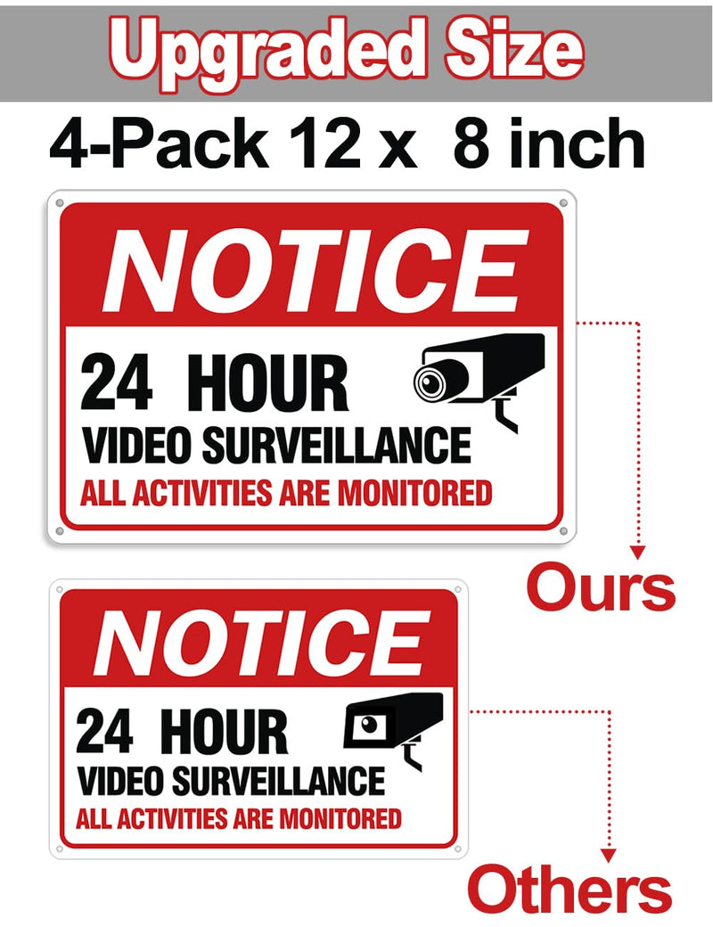 Video Surveillance Sign, 4-Pack 12"x 8" Security Camera Signs, Reflective and Waterproof Material 24 Hour Surveillance Sign For Home/Business sing-02-Red 4 Packs