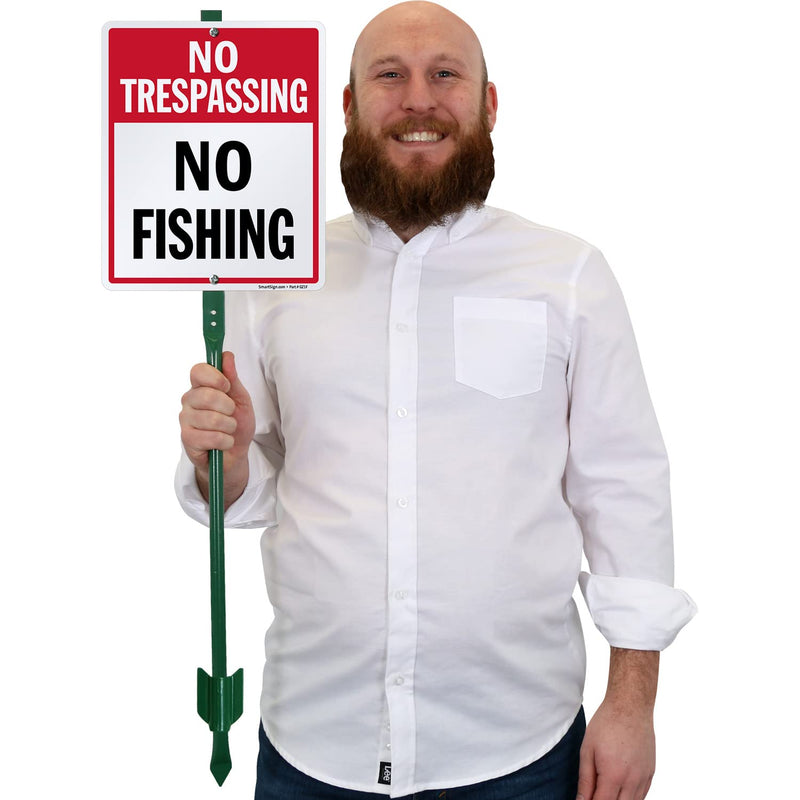 SmartSign 12 x 10 inch “No Trespassing - No Fishing” LawnBoss Yard Sign with 3 foot Stake, 40 mil Laminated Rustproof Aluminum, Red and White, Set of 1 10" x 12" sign with 3' Stake