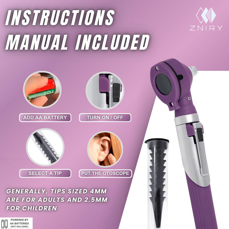 [Australia - AusPower] - Fiber Optic Mini Otoscope - Ear Scope with Light for Infection Detection, Wax Removal, and at-Home ENT Exams (Purple Color) 