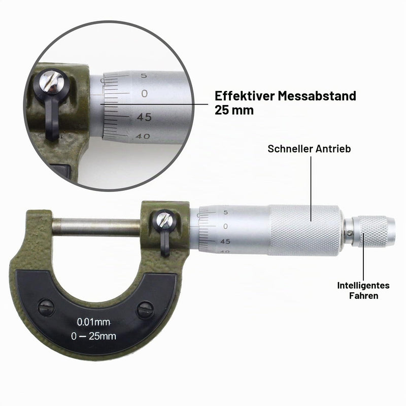 Bügelmessschraube 0-25 mm Mikrometerschraube 0.01mm Auflösung Mikrometer Auflösung Mikrometer Metrischer Bügelmessschraube Messschraube