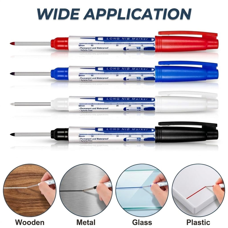 8Pcs Deep Reach Markers Waterproof Deep Hole Marker Pens 34mm Construction Markers Permanent Ink Quick-Dry Long Nib Marker Drill Long Nose Metal Marking Pen for Carpenters Construction (White) White