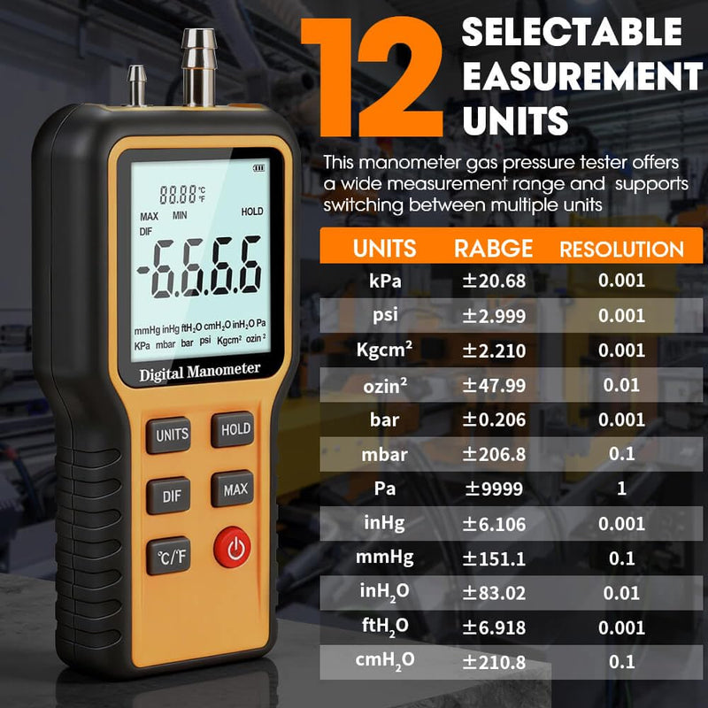 Manometer, Digital Manometer HVAC, Dual-Port Gas Pressure Tester, 12 Units Differential Pressure Gauge, Data Storage & Zeroing, Air Pressure Meter with LCD Blacklit 0.4&0.4inch