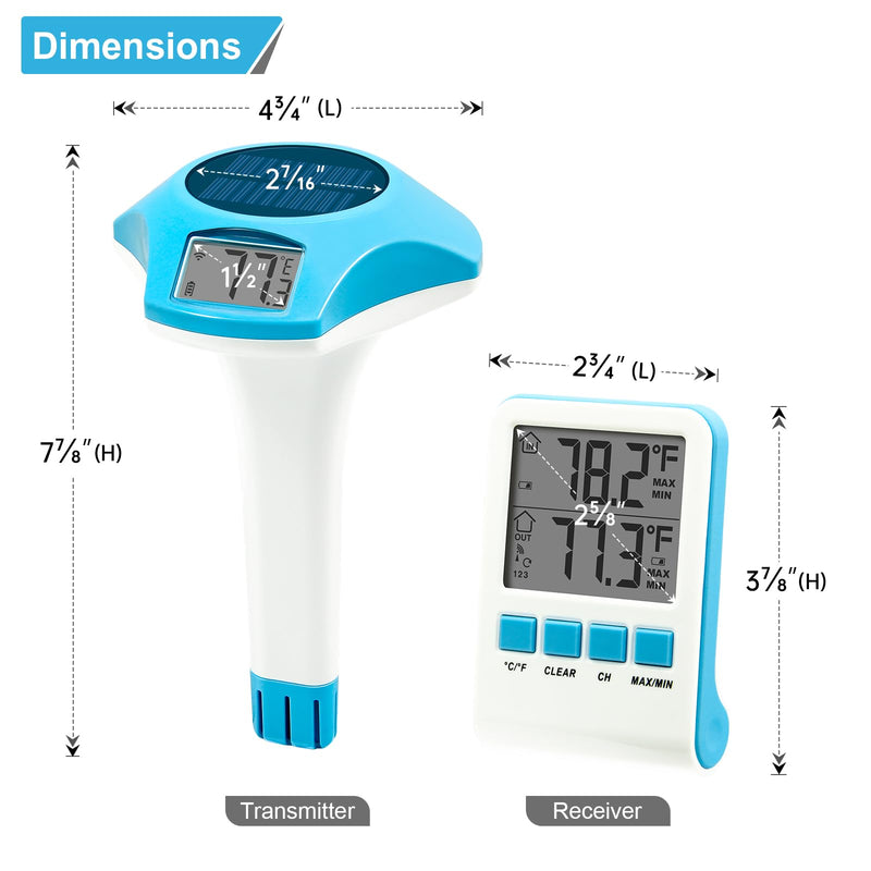[Australia - AusPower] - Circrane Solar Pool Thermometer, Wireless Floating Digital Thermometer, IPX8 Water Proof, Solar Powered with 150 Days Battery Life for Hot Tub/Ice Bath/Swimming Pool/Aquarium, Blue 