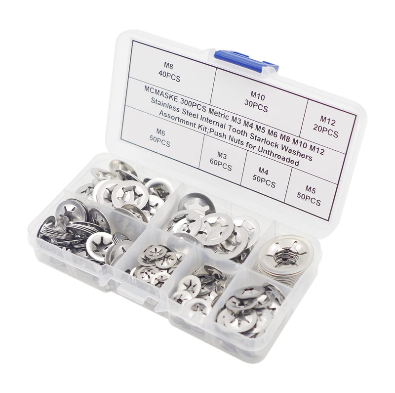 [Australia - AusPower] - 300PCS Metric M3 M4 M5 M6 M8 M10 M12 Stainless Steel Internal Tooth Starlock Washers Assortment Kit;External Push Rings; Push On Washers;Push Nuts for Unthreaded Shafts 