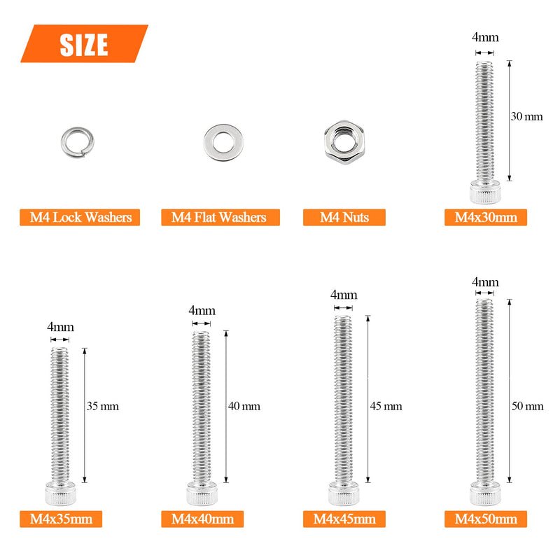 [Australia - AusPower] - 200 Pieces M4 x 30mm /35mm /40mm /45mm /50mm, Hex Socket Head Cap Metric Screws Bolts Washers Nuts Kit, 304 Stainless Steel M4 x 30/35/40/45/50mm 