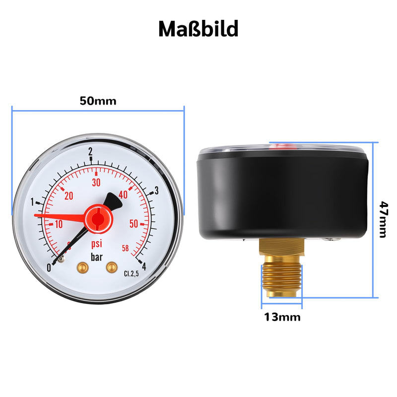 Pressure gauge, 0-4bar, G1/4, 2 inch dial, 2.5% accuracy, back connection ABS black plastic housing, with red hand