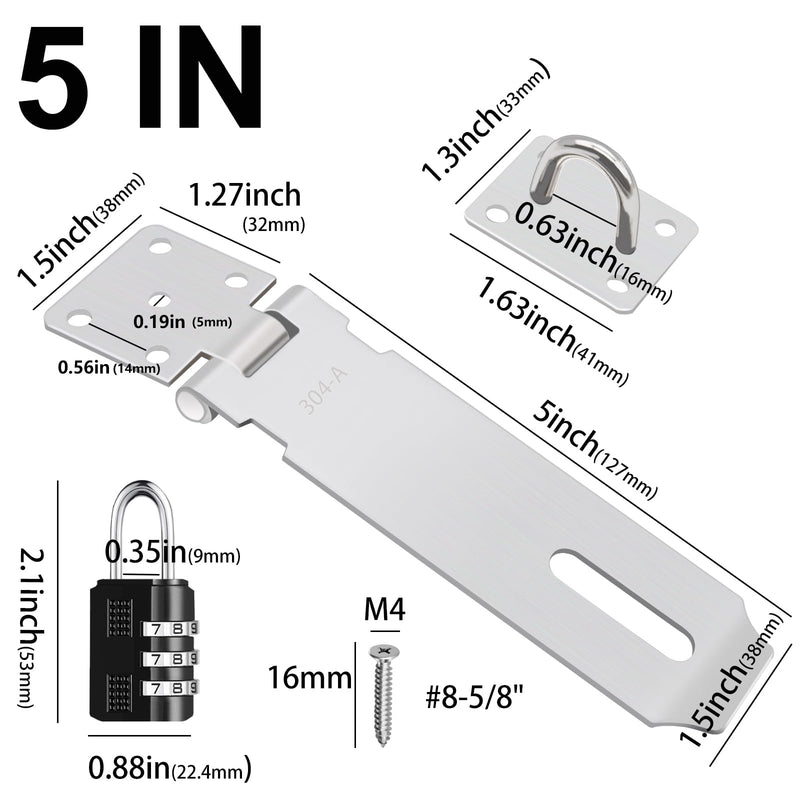 [Australia - AusPower] - 2Pcs Door Locks Hasp Latch,5 Inch 304 Stainless Steel Safety Packlock Clasp Hasp Lock Latch,Hinge Lock Padlock with Screws for Gates,Doors,Cabinets, Closets and More 5 INCH with CODE LOCK 