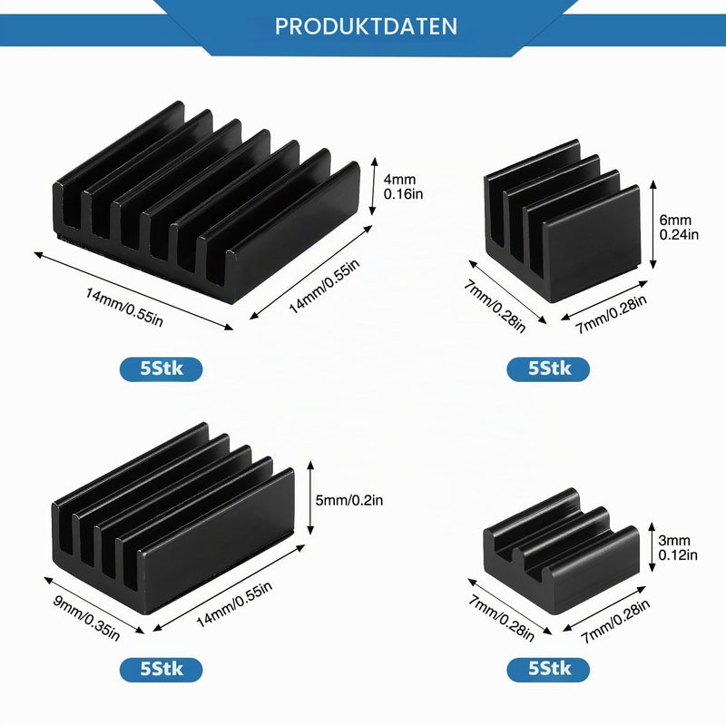 VooGenzek 20 Pieces Cooling Fins Aluminum Set Raspberry Pi 4, Raspberry Pi Aluminum Heatsink with Heat Conducting Tape, for Cooling Raspberry Pi, Black