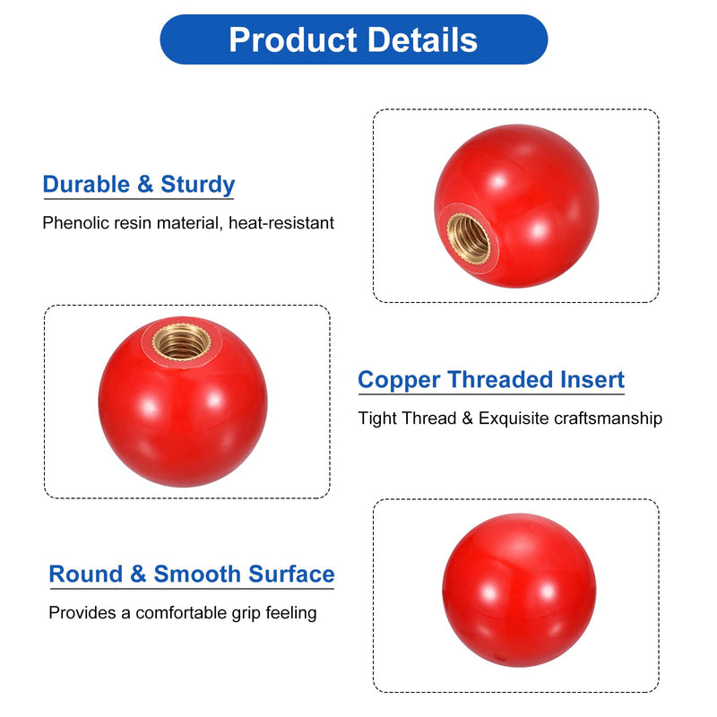 [Australia - AusPower] - uxcell 3Pcs Threaded Ball Knobs, M10 Female Thread Thermoset Ball Knob 35mm Dia Round Operation Ball Handles with Copper Insert for Machine Lever Handle, Red 