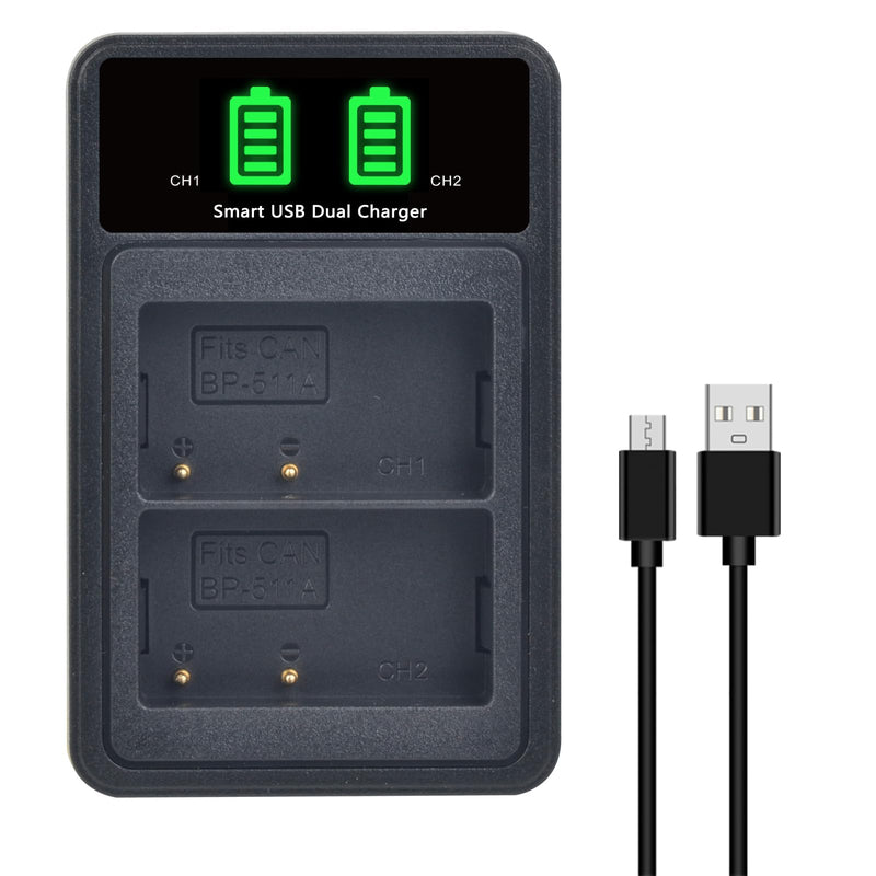 [Australia - AusPower] - 2-Pack BP-511 BP-511A Battery and LED Dual Battery Charger for Canon EOS 5D 10D 20D 20Da 30D 40D 50D 300D D30 D60 Rebel PowerShot G1 G2 G3 G5 G6 Pro 1 Pro 90 Pro 90IS 