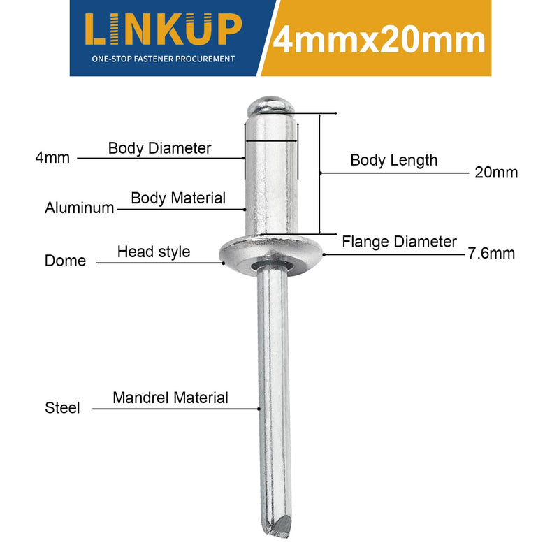[Australia - AusPower] - Linkup 170pcs pack 4mm x 20mm Pop blind Rivets, 4mm x 20mm pop rivets,Aluminum Body Steel Mandrel Rivets (Sliver),Dome Head aluminum rivets 5/32'' x 0.78''(4mm x 20mm) Silver 