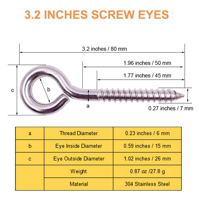 [Australia - AusPower] - 6-Pack 304 Stainless Steel Screw Eyes 3.2", Heavy Duty Screw in Eye Hooks Ring for Yoga, Swing Chair, Indoor & Outdoor, Self Tapping 6 Pack 