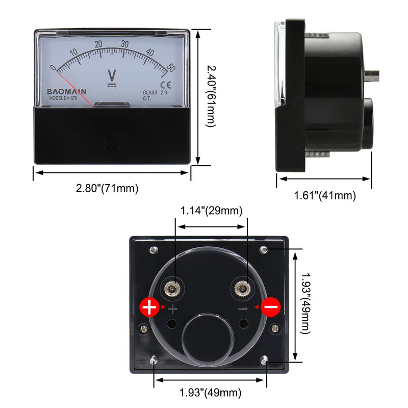 [Australia - AusPower] - Baomain Voltmeter DH-670 DC 0-50V Rectangular Class 2.0 Analog Panel Volt Voltage Meter 