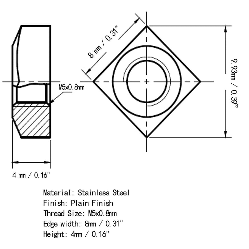 [Australia - AusPower] - 100pcs M5-0.8mm Stainless Steel Square Nuts ?Metric Coarse Thread 