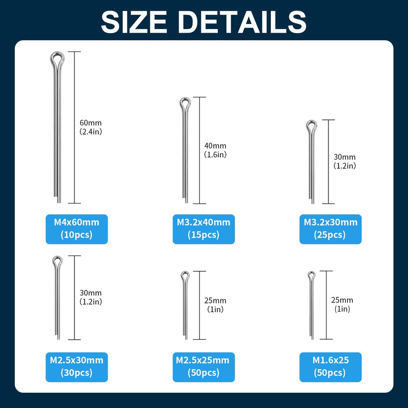 [Australia - AusPower] - 180pcs Premium 304 Stainless Steel Cotter Pin Assortment Kit, 6 Sizes Heavy Duty Cotter Pins, Hardware Pins for Automotive, Machinery, Lawn Mowers, and DIY Projects 