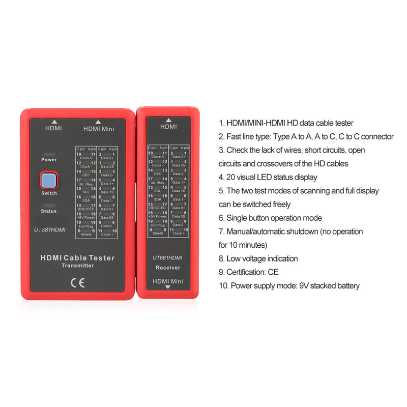 [Australia - AusPower] - UT681 HDMI Cable Tester, Portable Mini HDMI to HDMI, High Definition USB Cable Tester, for Check Disorder Short Open and Cross Connection 