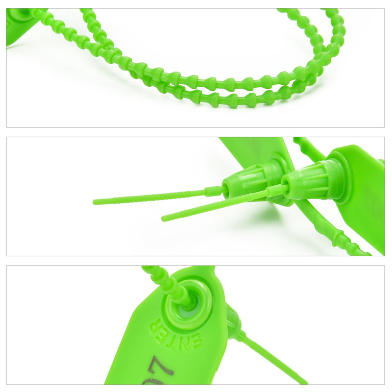 200pcs Plastic Security Tamper Seals Shipping Tags Disposable Signage Numbered Pull Tight Padlock Safety Self-Locking Seal Ties Tag, Green 200pcs